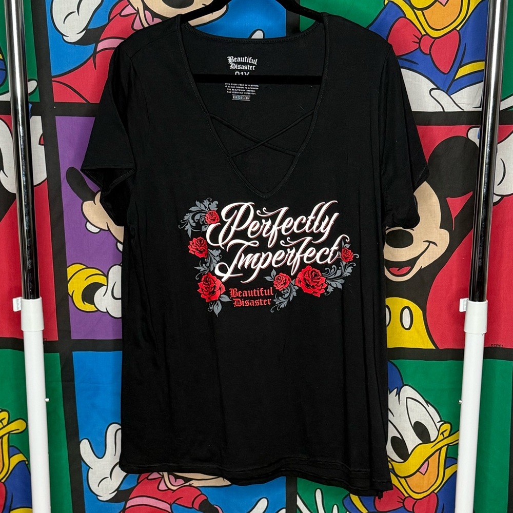 Beautiful Disaster Perfectly Imperfect Black Graphic V-Neck Tee
